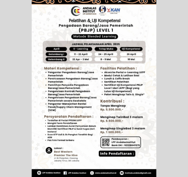 JADWAL PELATIHAN DAN UJIAN SERTIFIKASI PBJP LEVEL 1 MEI 2025 BLENDED LEARNING