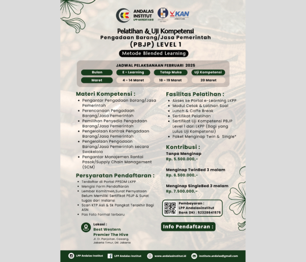 JADWAL PELATIHAN DAN UJIAN SERTIFIKASI PBJP LEVEL 1 MARET 2025 BLENDED LEARNING