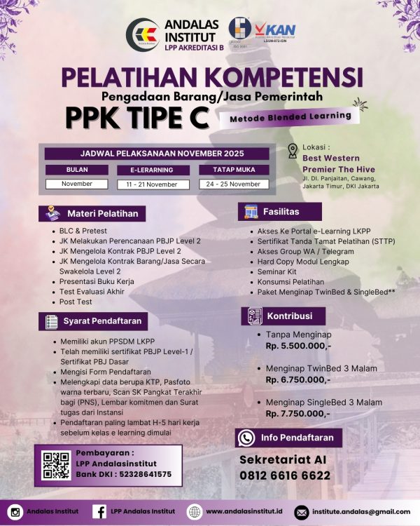 Pelatihan Komptensi Pengadaan Barang/Jasa Pemerintah PPK TIPE C (Metode Blended Learning)