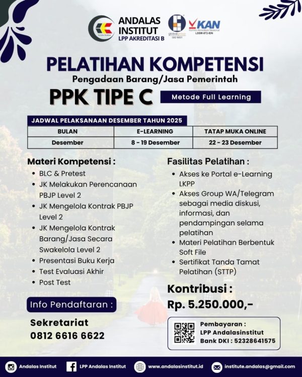 Pelatihan Komptensi Pengadaan Barang/Jasa Pemerintah PPK TIPE C (Metode Full Learning Desember)