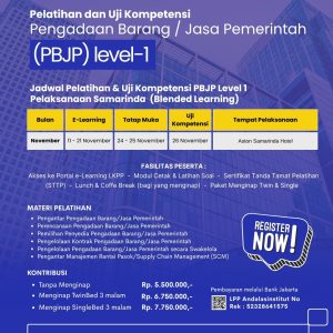 Pelatihan & Ujian Sertifikasi PBJP Level 1 (Samarinda) Oktober - Desember 2026