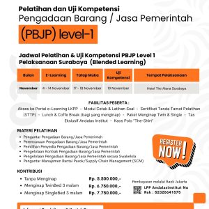 Pelatihan & Ujian Sertifikasi PBJP Level 1 (Surabaya) Oktober - Desember 2026